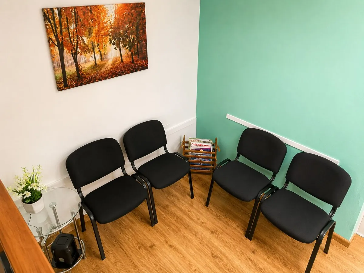 Sala de espera con sillas negras y cuadro de otoño